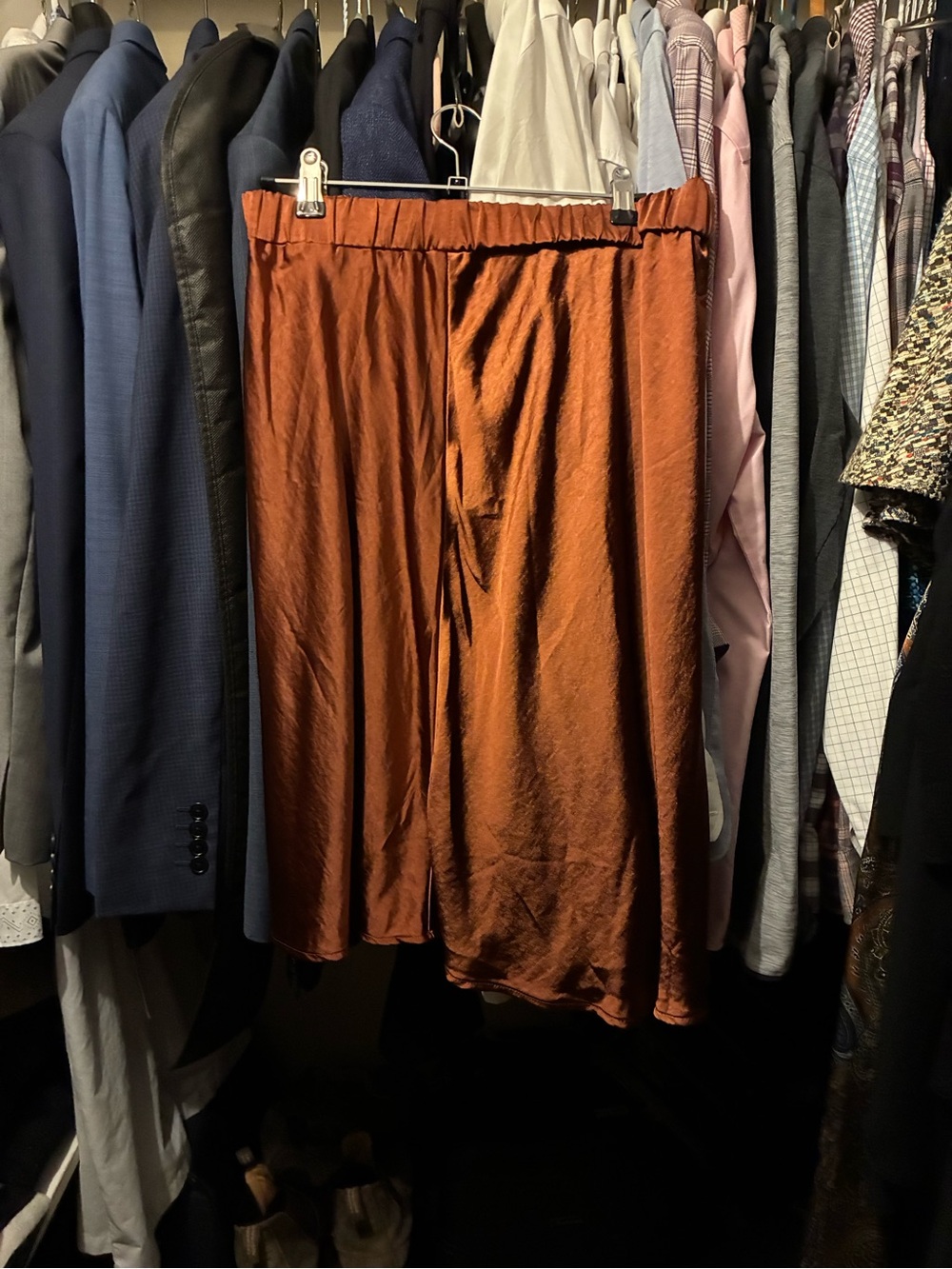 Copper Satin Elastic-Waist Midi Skirt